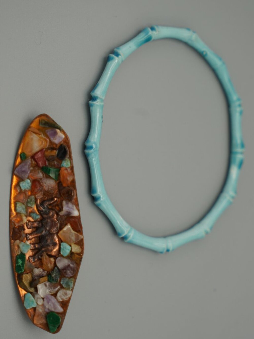 Vintage Hammered Copper Elephant Gem Brooch/Porcelain Bamboo Bracelet Lot